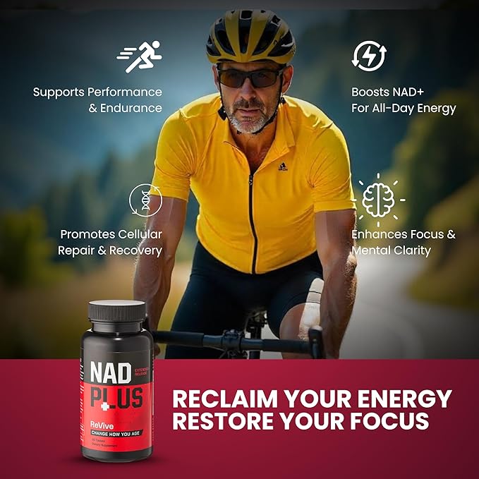 Man on a bicycle with NAD Plus supplement bottle, highlighting product benefits.