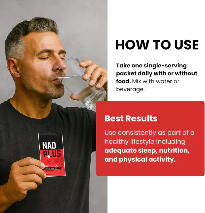 How to use NAD Plus NAD-TO-GO - mix one sachet with 8oz water daily