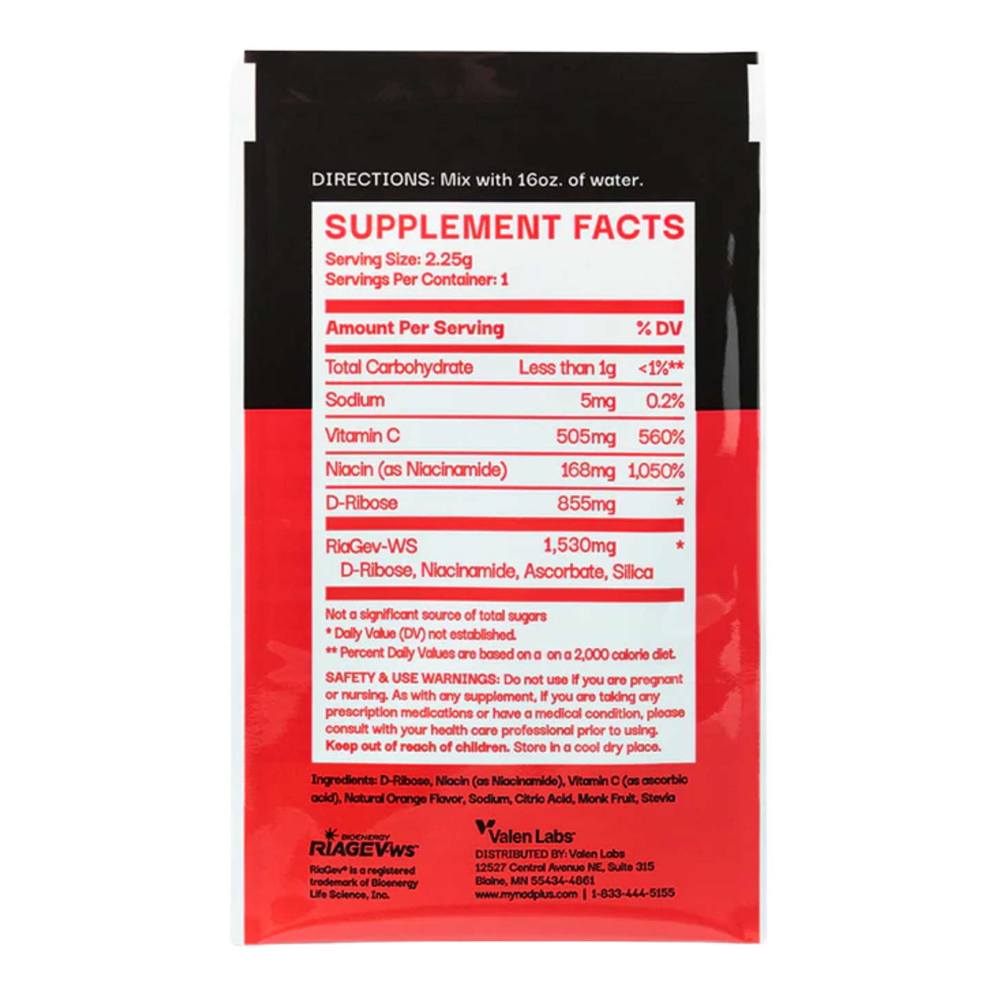 Supplement package with red and black design on a white background