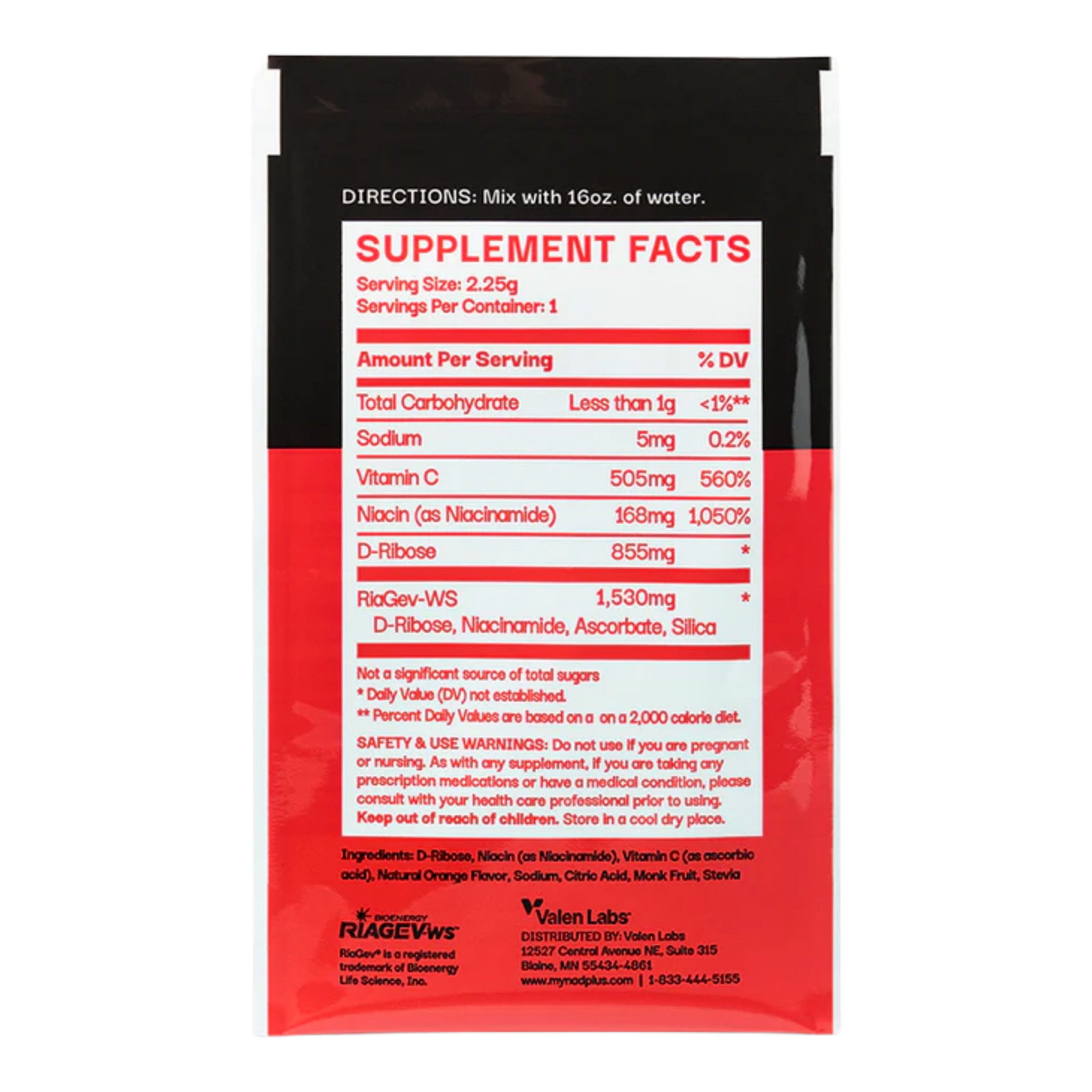 Supplement package with red and black design on a white background