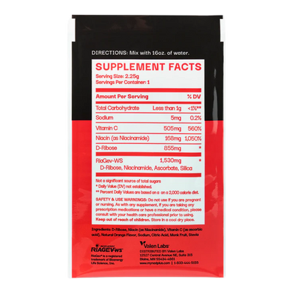 Supplement package with red and black design on a white background