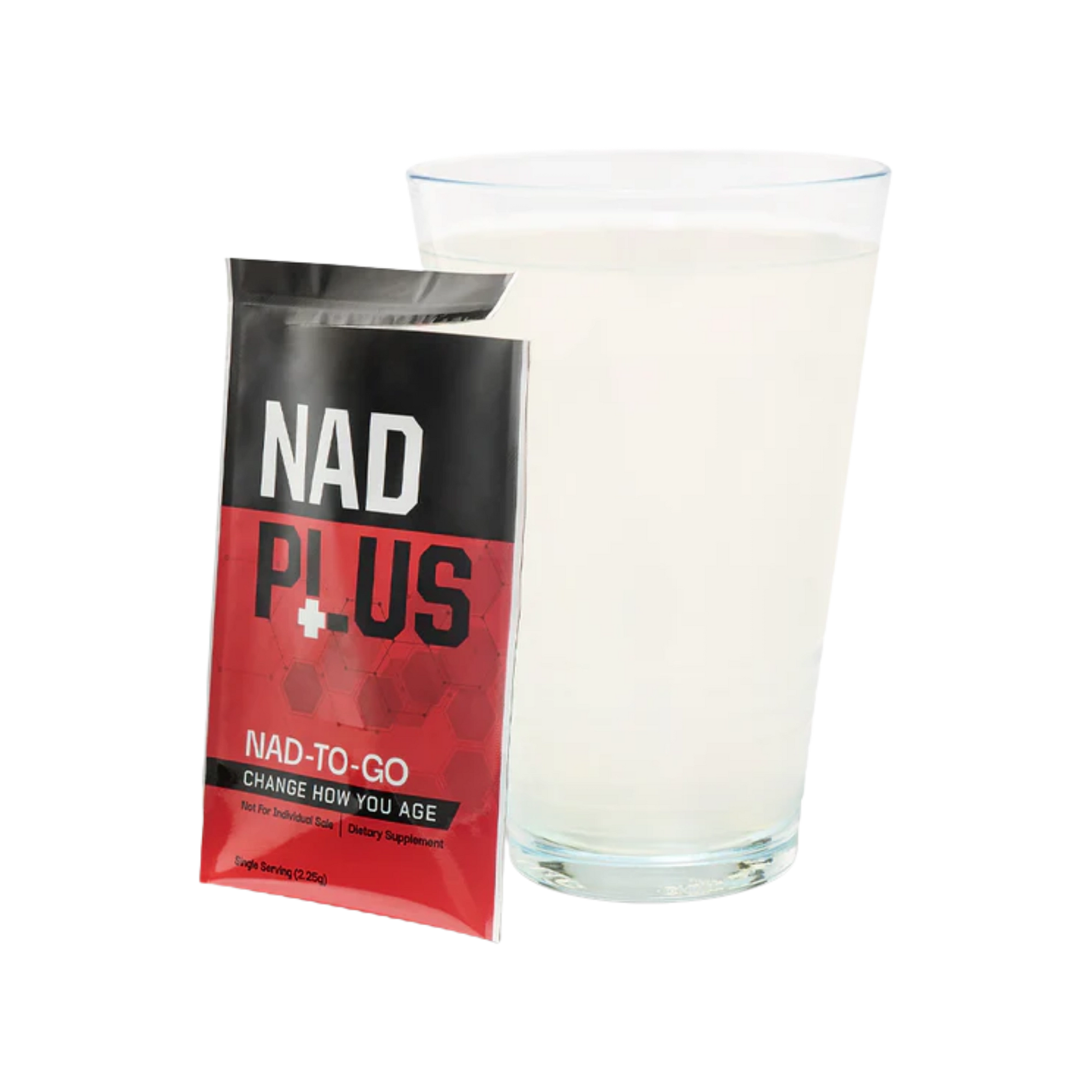 NAD Plus supplement package with a glass of liquid on a white background