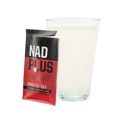 NAD Plus supplement package with a glass of liquid on a white background