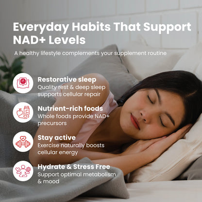 Woman sleeping in bed with text about everyday habits supporting NAD+ levels.