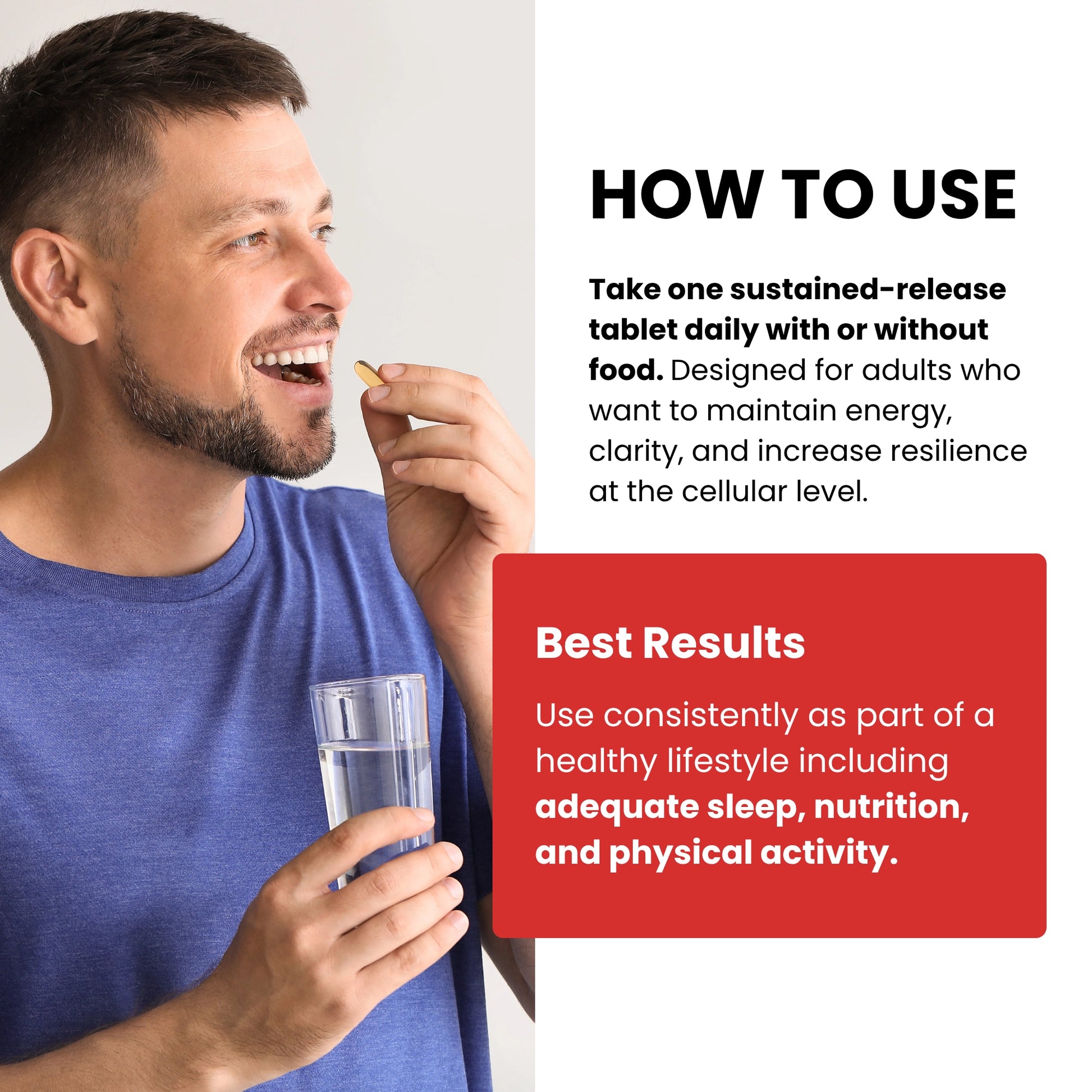 Man taking a pill with a glass of water, accompanied by text on how to use a sustained-release tablet.