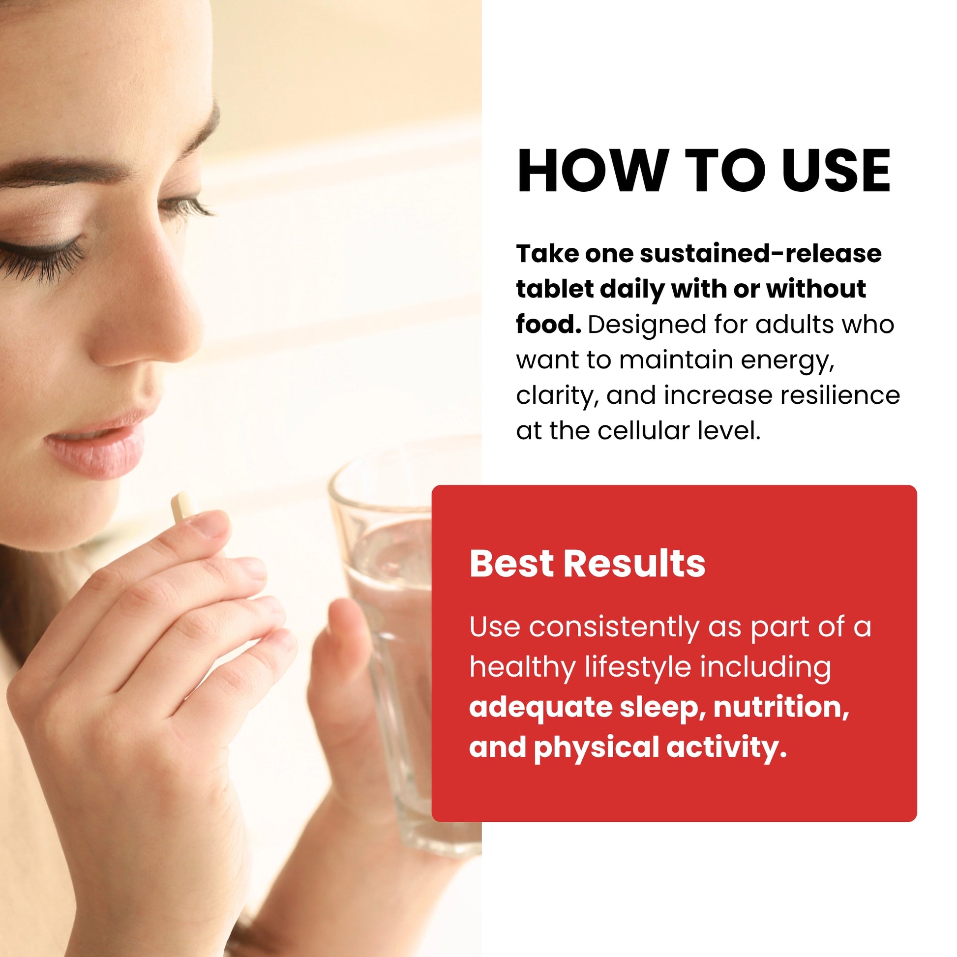 Woman holding a glass of water with product usage instructions