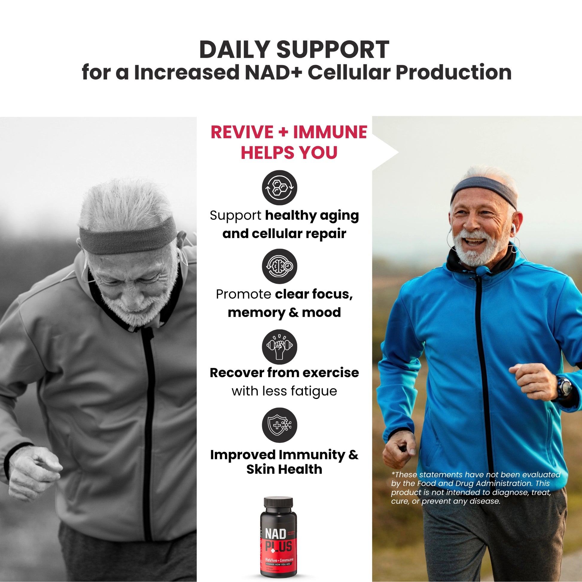 Advertisement for a supplement with two men running, highlighting its benefits for aging, immune system, and cellular repair.